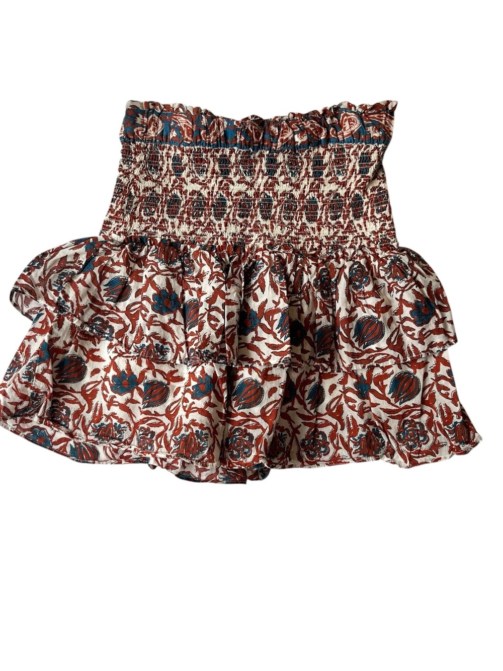 House of Harlow 1960 mini skirt M Rust red and Blue Smocked tiered ruffle Womens